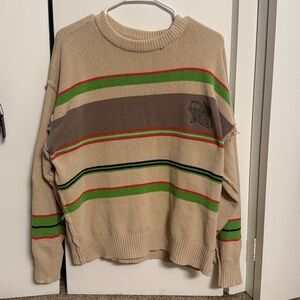 Oversized Beige Striped Crewneck Sweater with Green & Red Accents